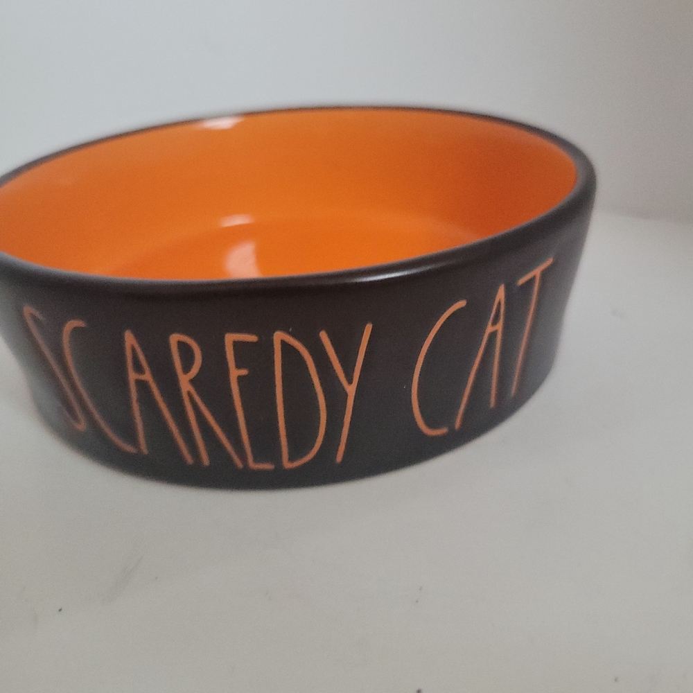 Rae Dunn Halloween Ceramic "Scaredy Cat" Pet Bowl Dish Orange & Black